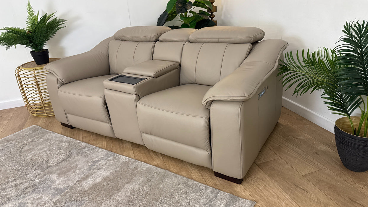 Sofology Leather Carrera 2 Seater Smart Console Power Recliner/Headrest Heated Seat in Trusty Embossed Stone