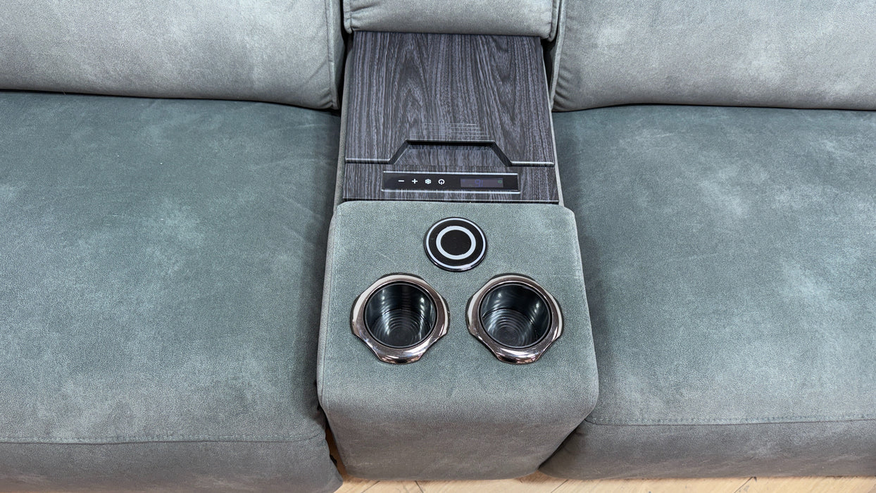 Sofology Premiere Fabric 3 Seater Cinema Sofa Consoles Power Recliner/Headrest x 3 in Lifestyle Flecked Mineral Green