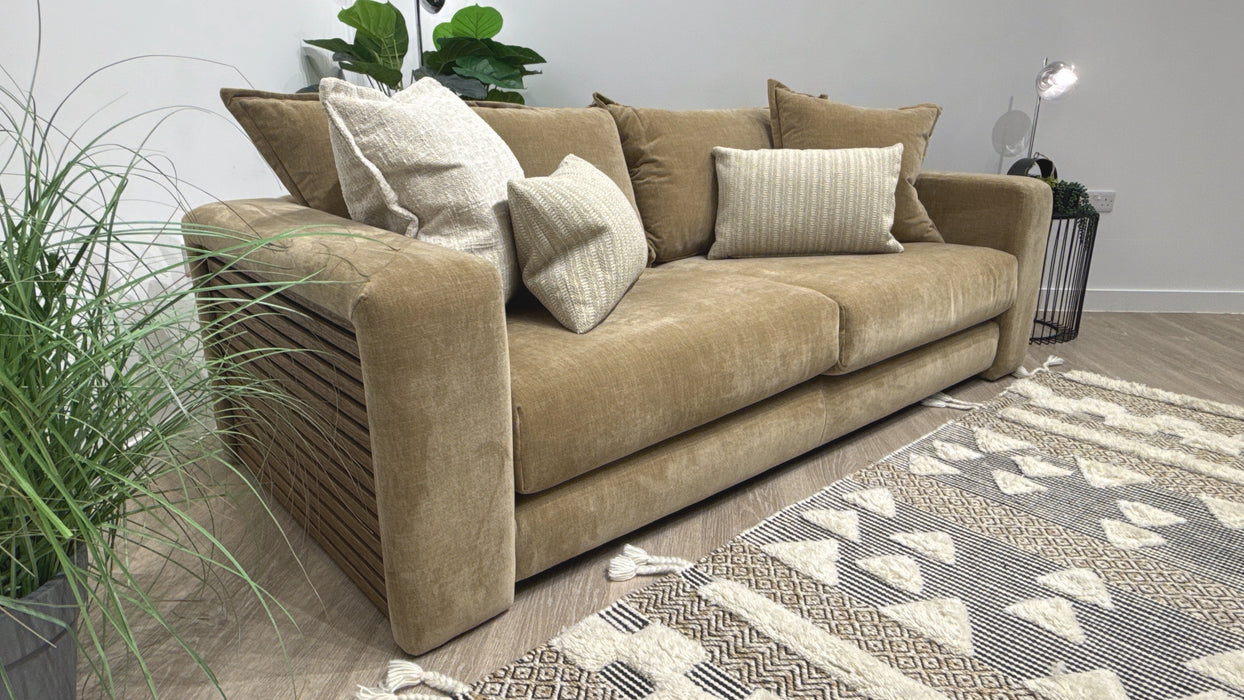 Sofology Cove Fabric 3 Seater Dark Wood Panel in Soft Chenille Caramel Mix
