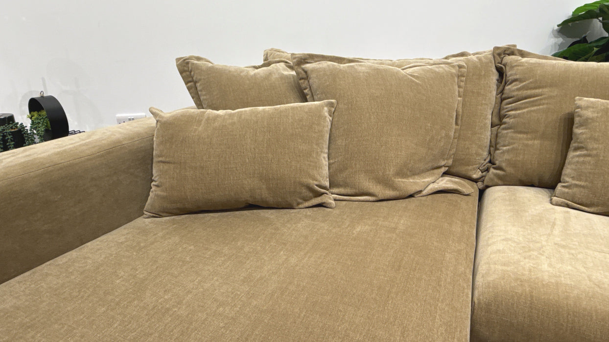 Sofology Cove Fabric Grande Double Chaise Dark Wood Panel in Soft Chenille Caramel