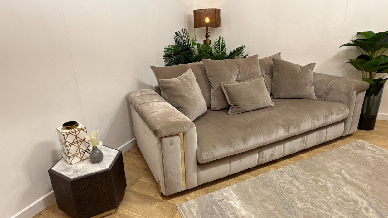 Sofology Oscar Fabric 3 Seater Gold Trim in Fine Textured Chenille Stone