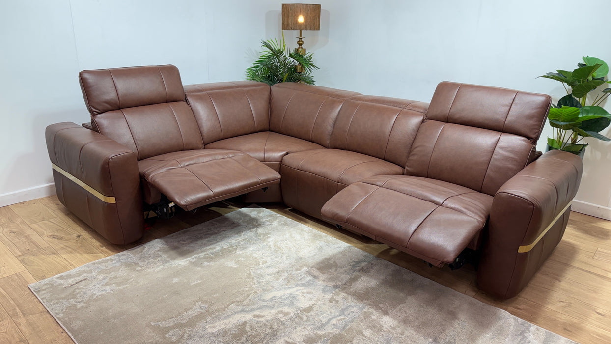 Sofology Lumiere Leather 1.5 Corner 3 Power Recliner/Headrest Gold Trim in Trusty Embossed Chestnut