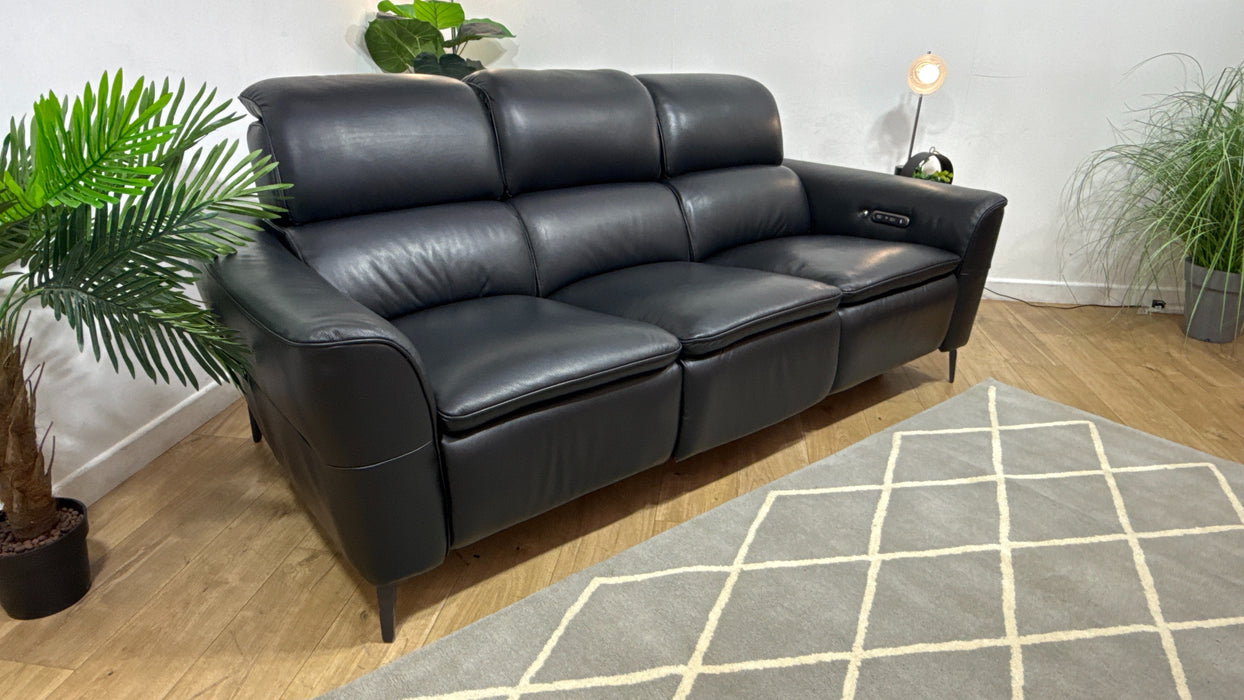 Sofology Viento Leather 3 Seater Power Recliner/Headrest Heated Seats Lumbar Support in Trusty Embossed Jet Black