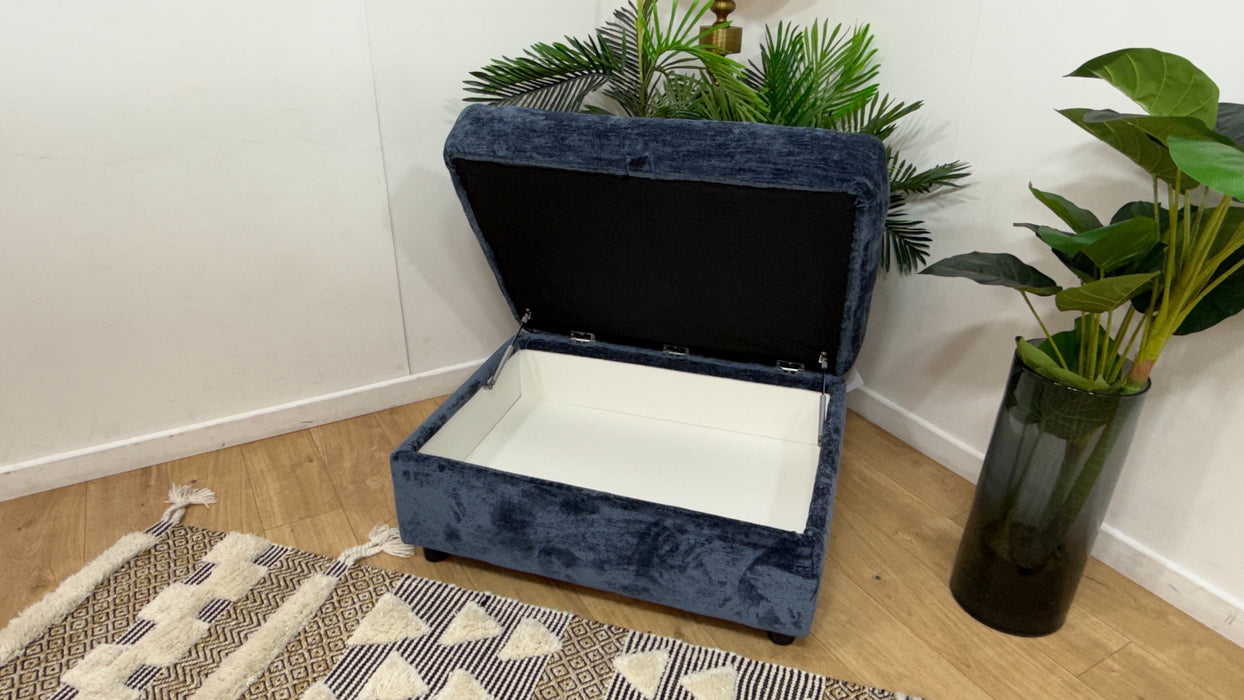 Sofology Bellagio Fabric Storage Feather Flex Footstool in Luxury Deep Pile Denim