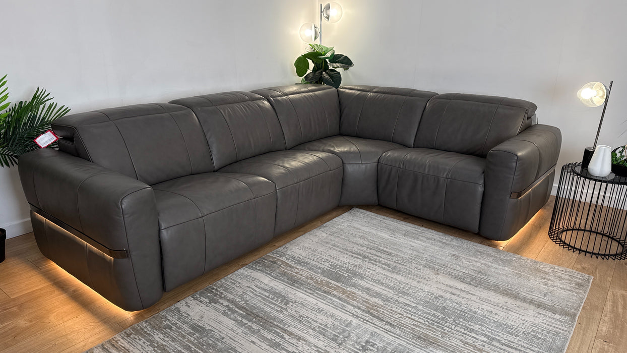 Sofology Lumiere Leather 3 Corner 1.5 Power Recliner/Headrest Heated Seat in Trusty Embossed Grey