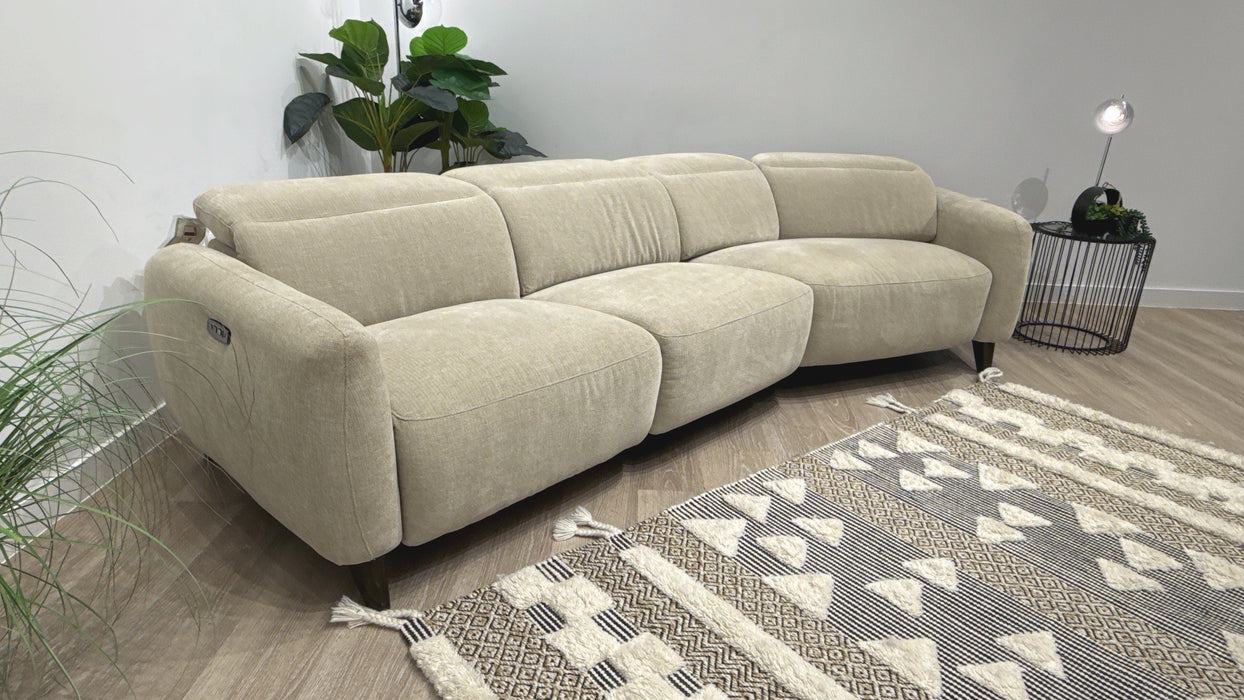 Sofology Larsen Fabric 4 Seater Asymmetrical Power Recliner/Headrest in Chunky Linen Look Chenille Pebble