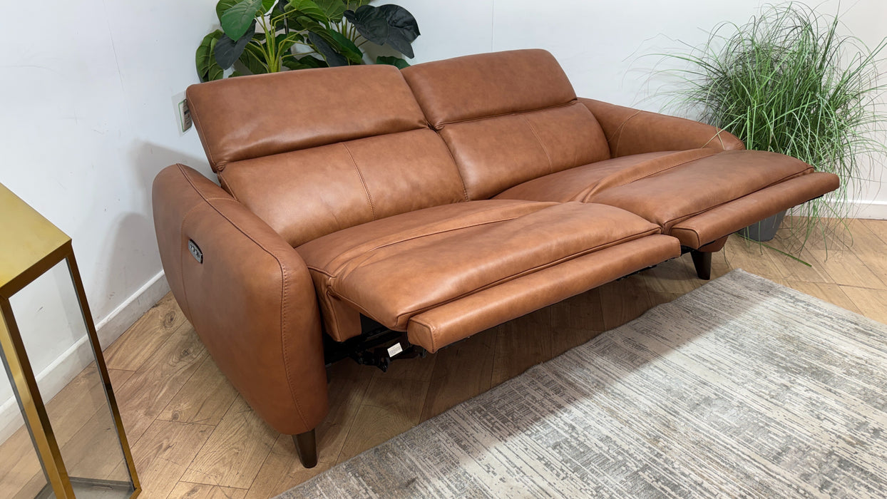 Sofology Larsen Fabric 3 Seater Asymmetrical Power Recliner/Headrest in Relaxed Soft Leather Tan