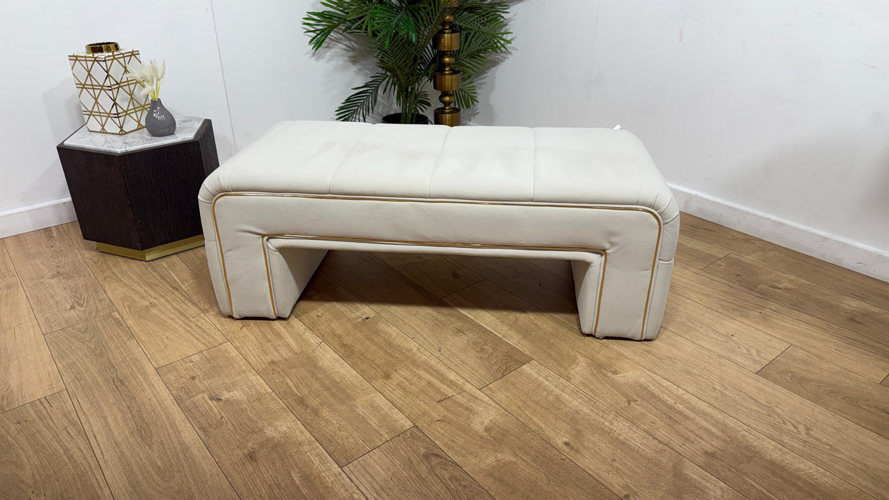 Sofology Oscar Fabric Small Bench Footstool Gold Trim in Super Matt Velvet Ecru