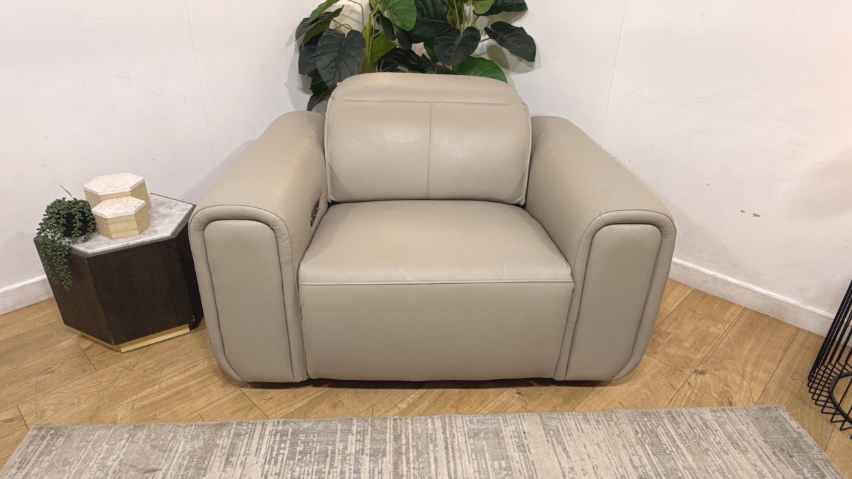 Sofology Premiere Leather Loveseat Power Recliner/Headrest Heated Seat in Trusty Embossed Light Grey