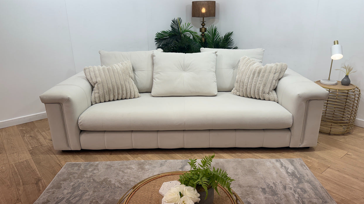 Sofology Oscar Fabric 4 Seater Distressed Walnut Trim in Super Matt Velvet Ecru Mix
