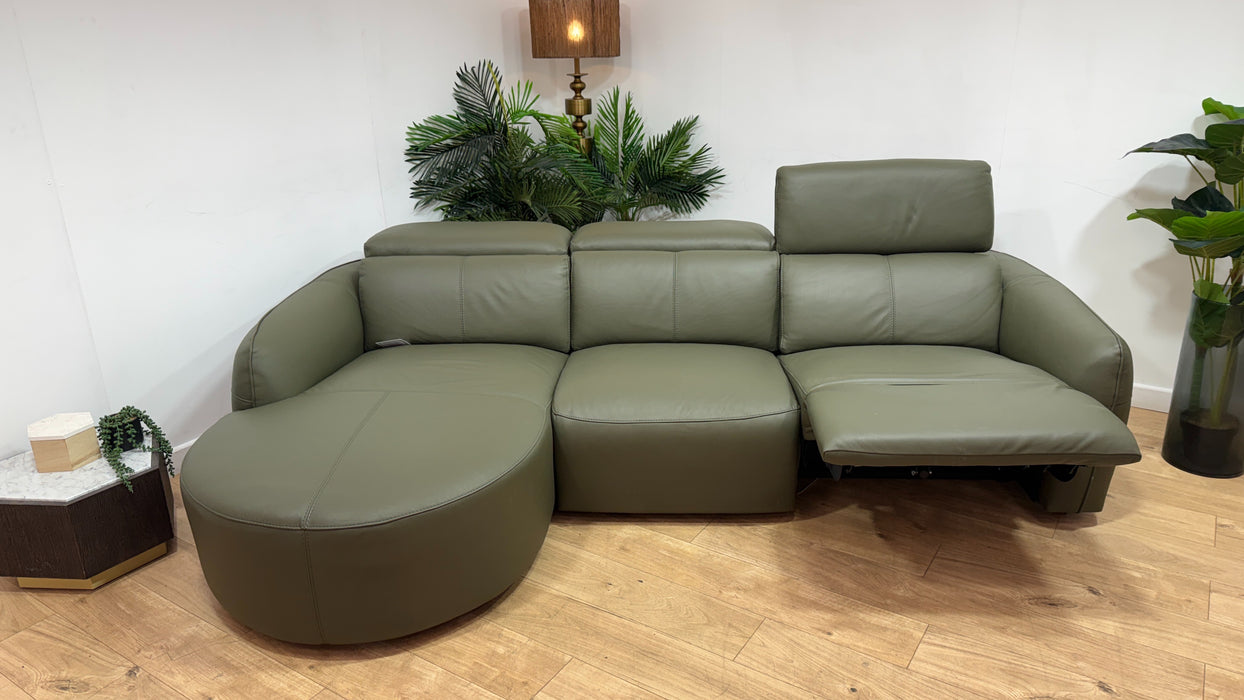 Sofology Serene Leather Chaise 3 Seater Power Recliner/Headrest in Trusty Matt Olive
