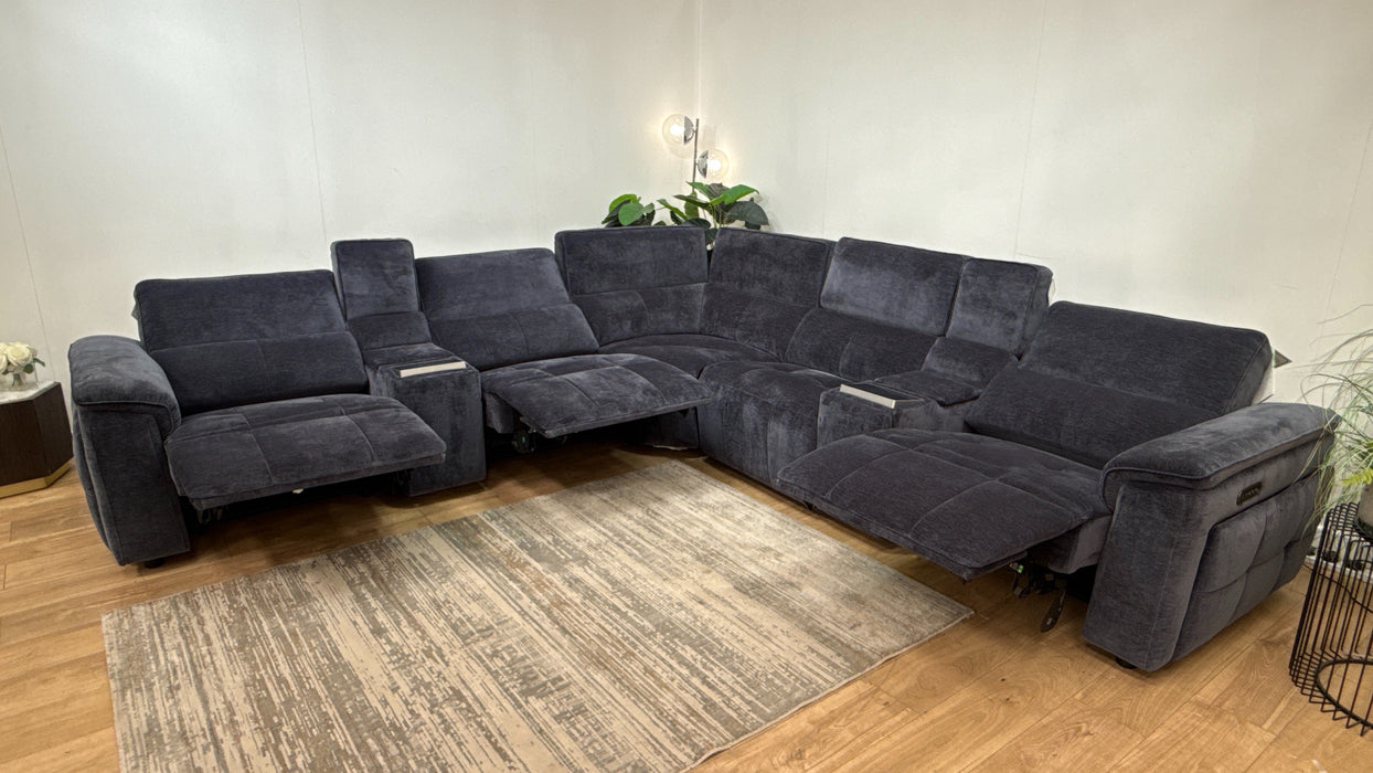 Sofology 3 Console Corner 3 Power Recliner/Headrest Heated Seats Lumbar Support in Montreal Denim