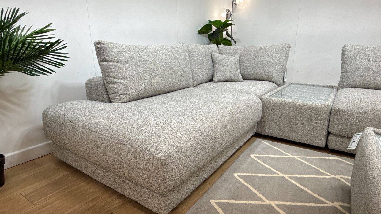 Sofology Amalfi Fabric Chaise 1 Corner Console 3 in Micro Flecked Boucle + Glass Table Pebble Mix