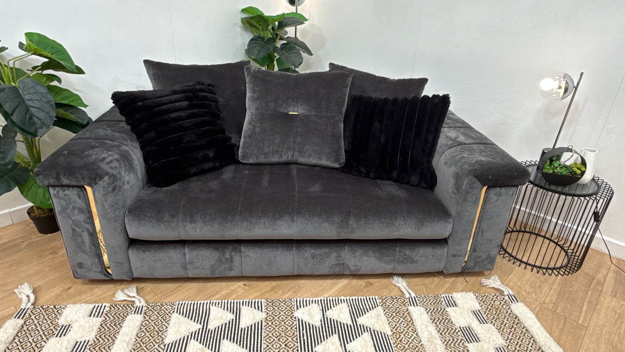 Sofology Oscar Fabric 2 Seater Gold Trim in Fine Textured Chenille Charcoal Mix