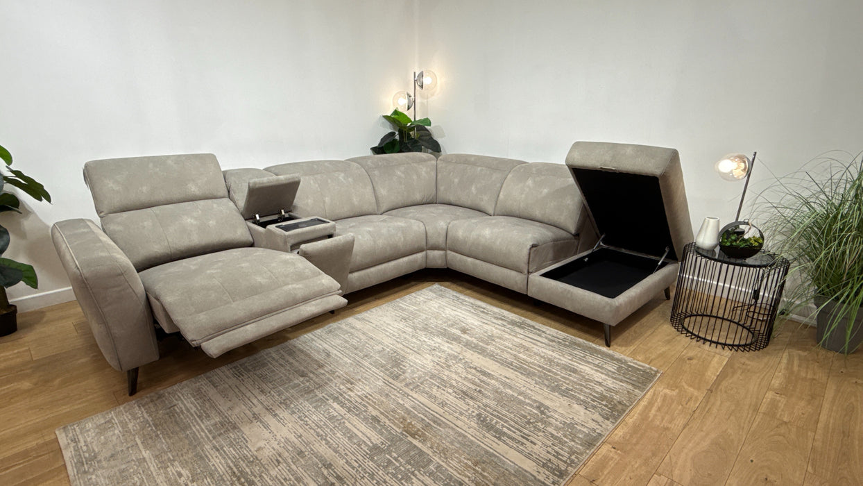 Sofology Jax Fabric 3 Corner 1.5 Chaise Power Recliner/Headrest Console in Lifestyle Flecked Stone