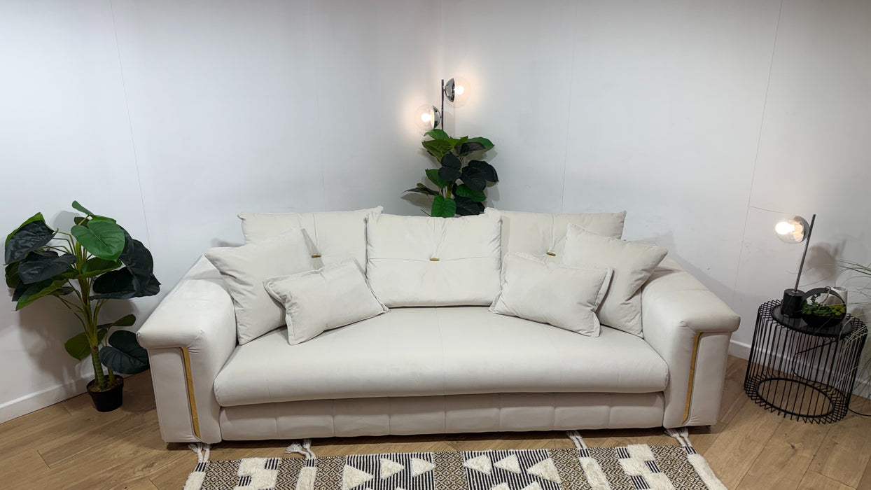 Sofology Oscar Fabric 4 Seater Gold Trim in Super Matt Velvet Ecru