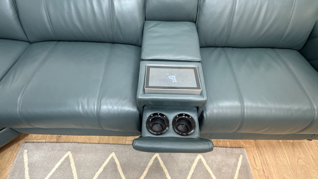 Sofology Allure Leather 3 Screen Console Corner Screen Console 3 Power Recliner/Headrest Heated Seats Lumbar Support Speakers in Trusty Embossed Peacock