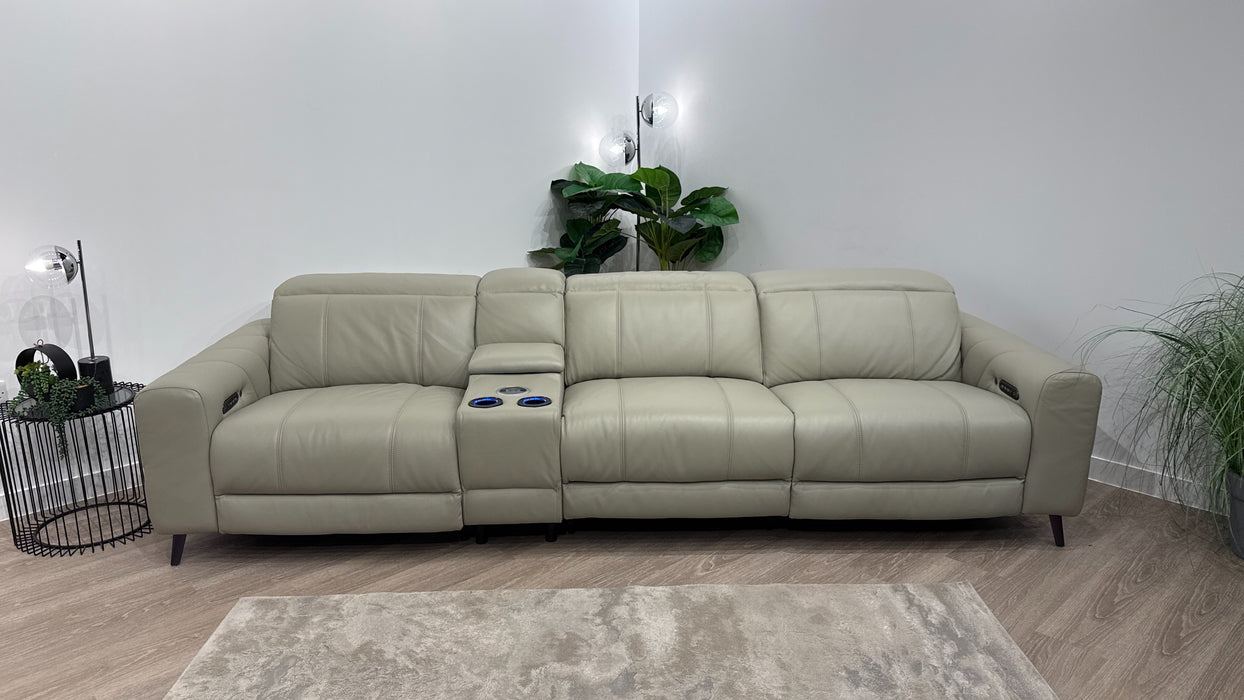 Sofology Allure Leather 3 Seater Power Recliner/Headrest Heated Seats Lumbar Support Speakers in Trusty Embossed Light Grey