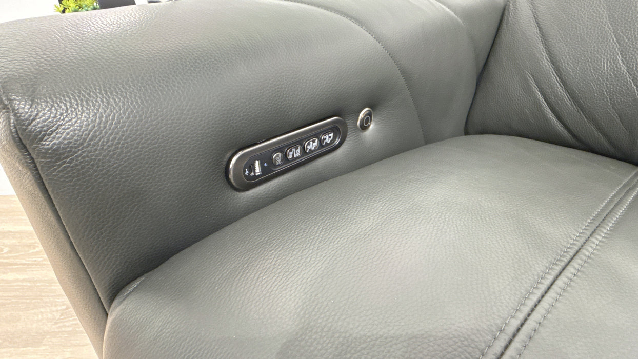 Sofology Allure Leather 2.5 Smart Console Power Recliner/Headrest Heated Seats Lumbar Support Speakers in Trusty Embossed Charcoal