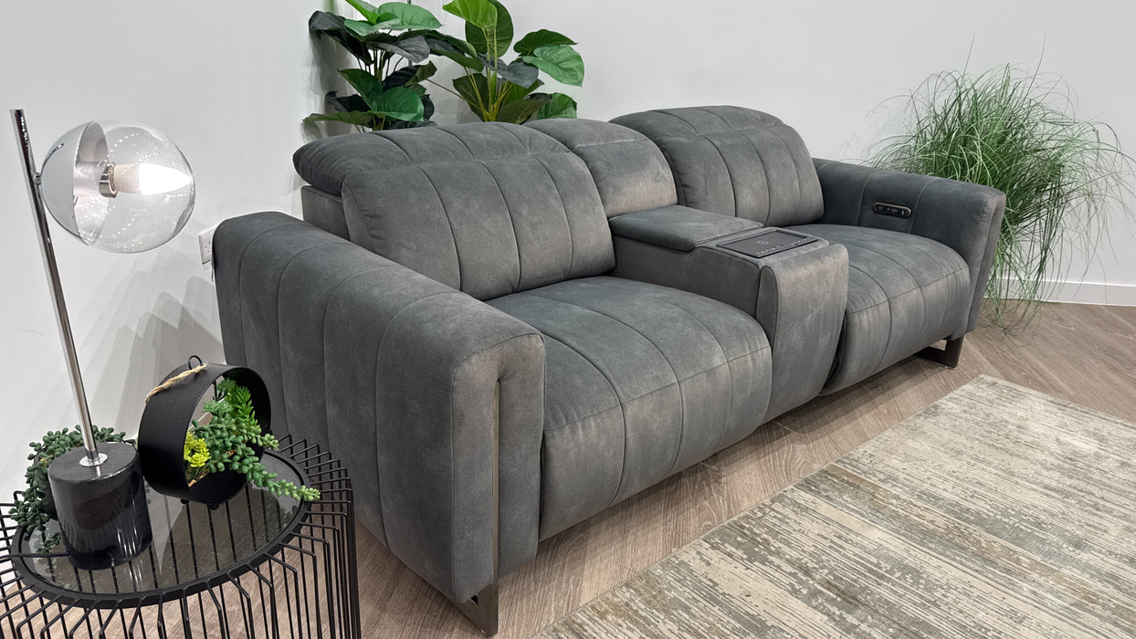 Sofology Paramount Fabric 2.5 Seater Console Power Recliner/Headrest Speakers in Lifestyle Flecked Mineral Green