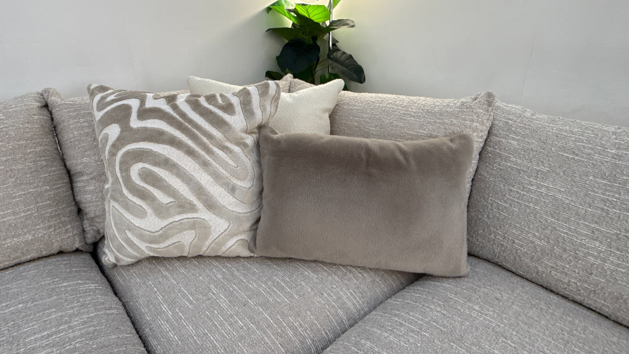 Sofology Marble Arch Fabric 3 Corner 1 Light Wood Trim in Chunky Flecked Boucle Stone/Ecru Mix