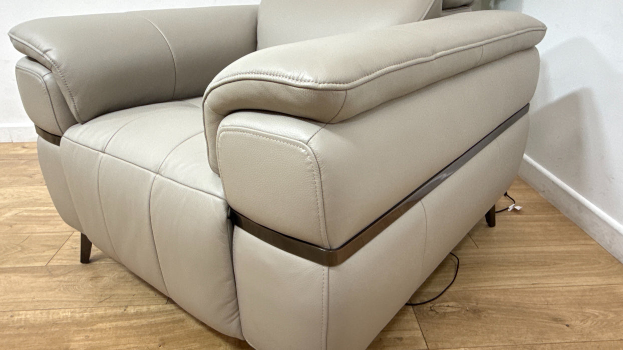 Sofology Milan Leather Chair Power Recliner/Headrests Lumbar Support in Trusty Embossed Light Grey