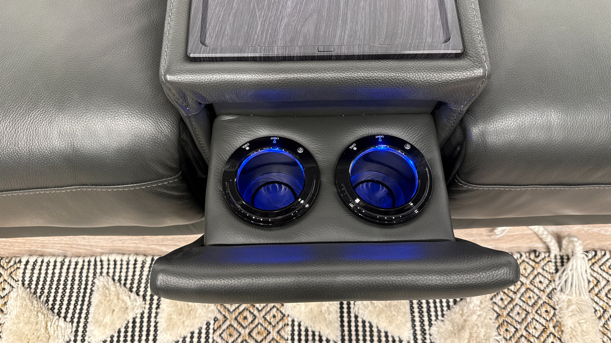 Sofology Portland Leather 3 Console Corner 3 Power Recliner/Headrest Heated Seats in Trusty Embossed Charcoal