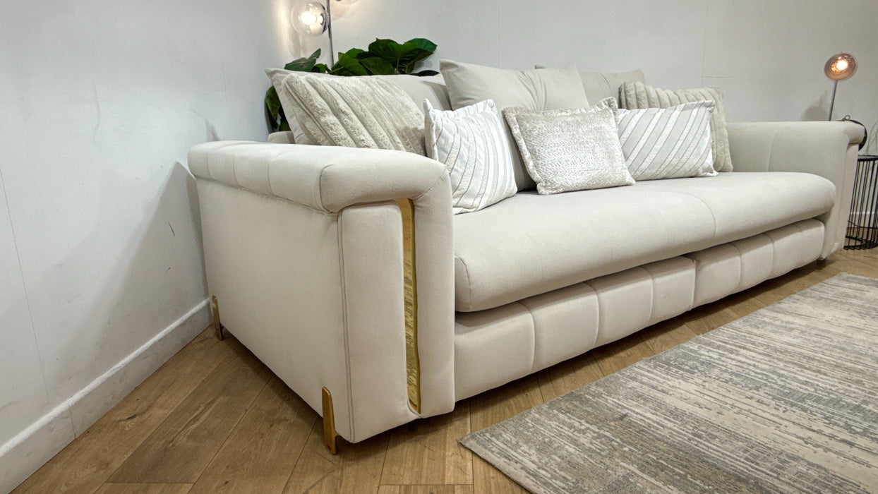 Sofology Oscar Fabric 4 Seater Split Gold Trim in Super Matt Velvet Ecru Mix