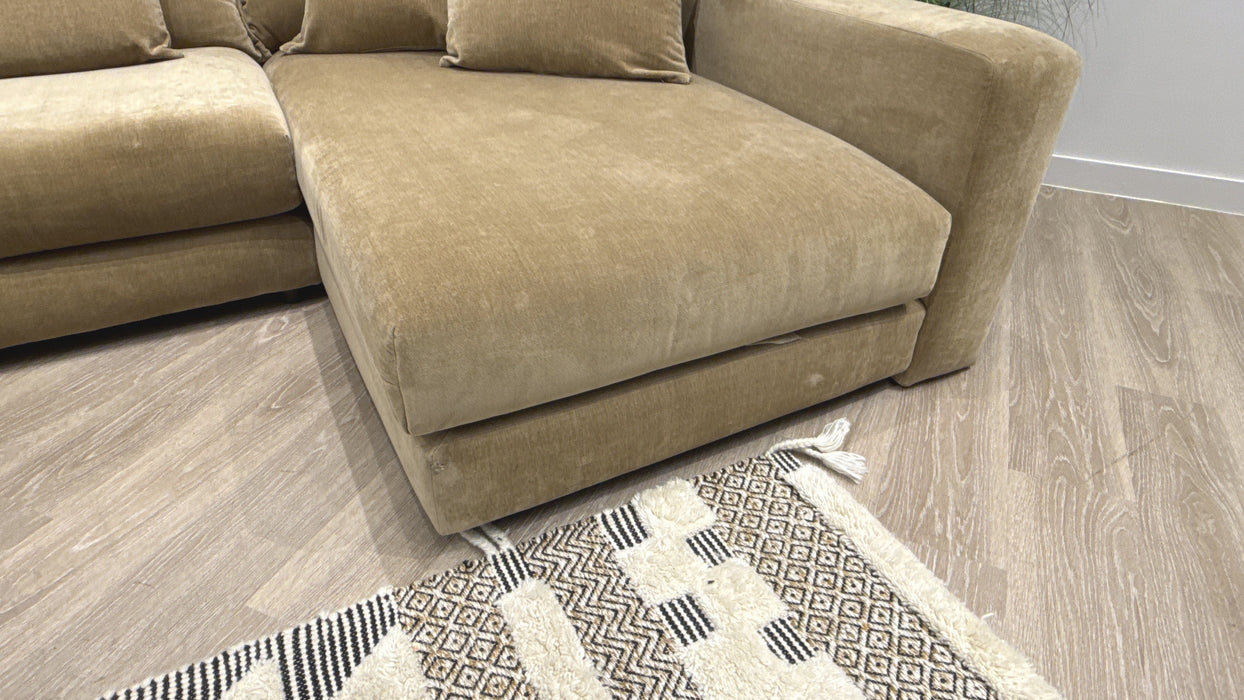 Sofology Cove Fabric Grande Double Chaise Dark Wood Panel in Soft Chenille Caramel