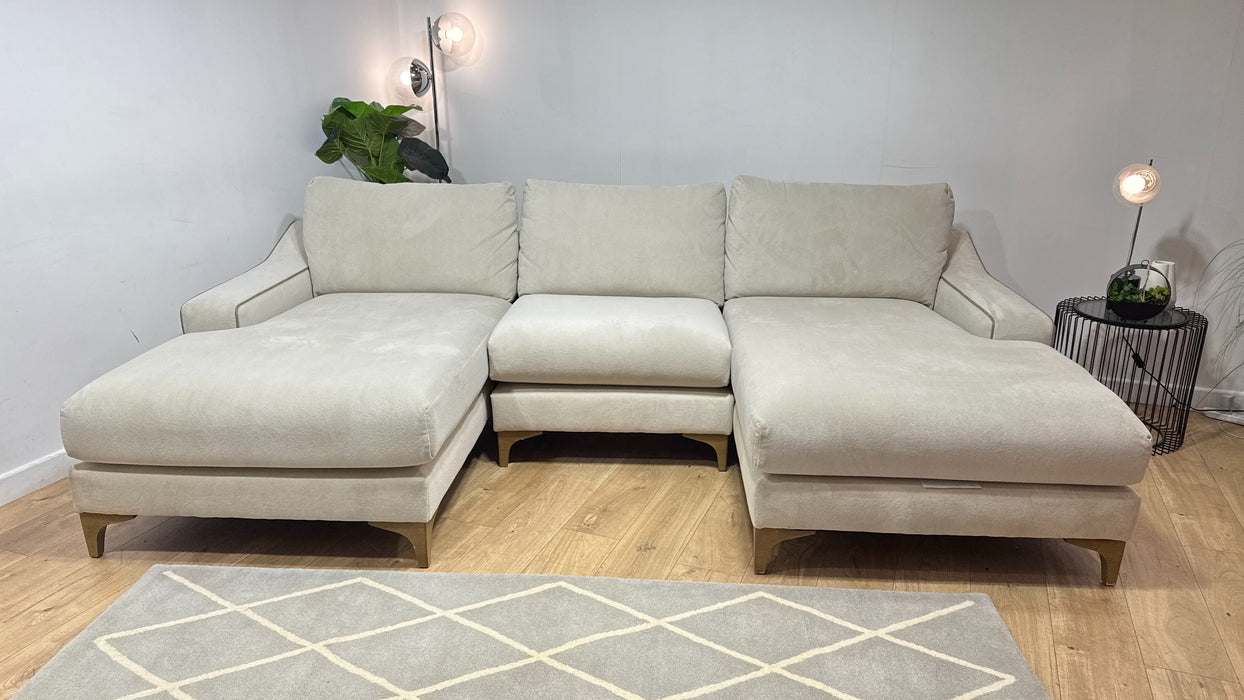 Sofology Wildwood Fabric 4 Seater Double Chaise with Footstool in Soft Sherpa Natural Contrast Piping Mix