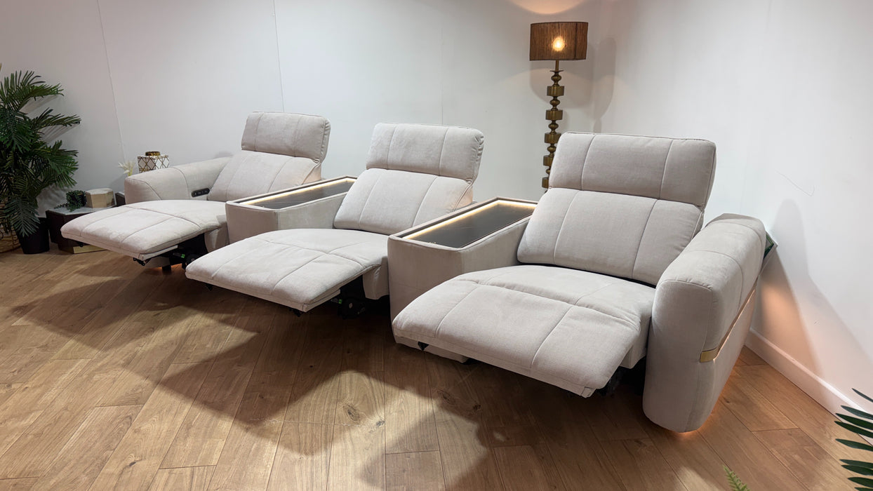 Sofology Lumiere Fabric 3 Seater Cinema Console Power Recliner/Headrest Gold Trim in Relaxed Chenille Cotton