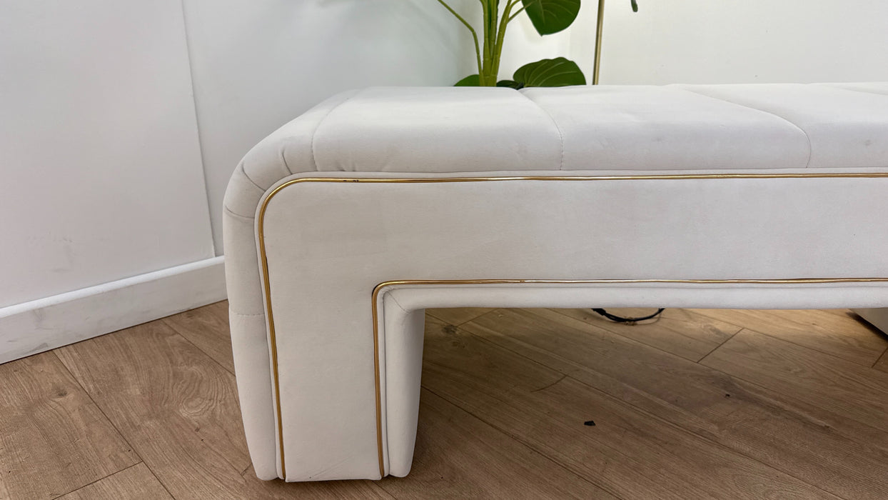 Sofology the Oscar Fabric Small Bench Footstool Gold Trim in Super Matt Velvet Ecru