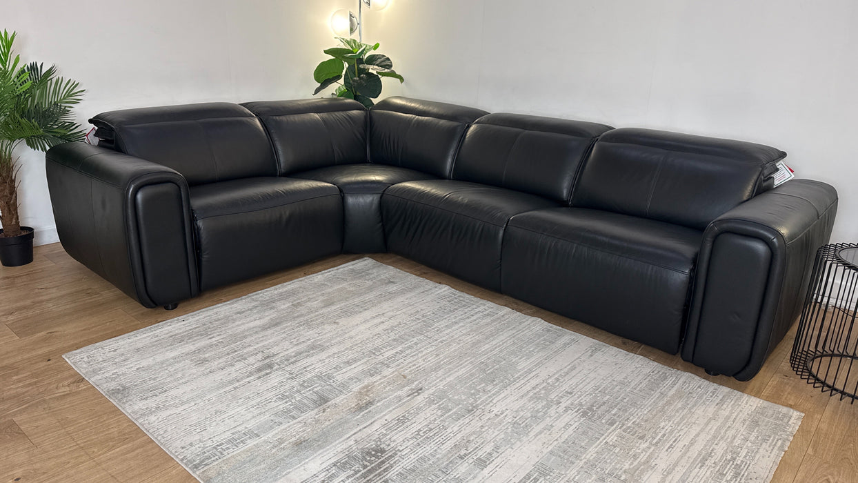 Sofology Premiere Leather 1.5 Corner 3 Power Recliner/Headrest in Trusty Embossed Jet Black