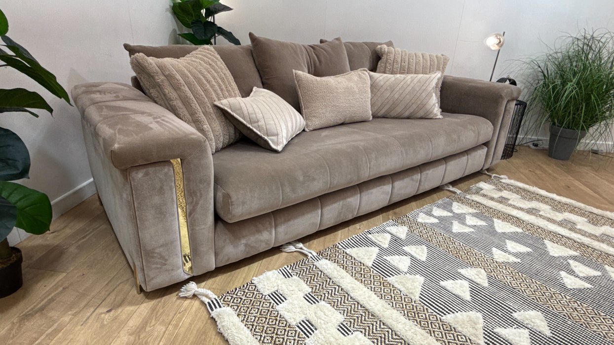 Sofology Oscar Fabric 4 Seater Gold Trim in Fine Textured Chenille Stone Mix