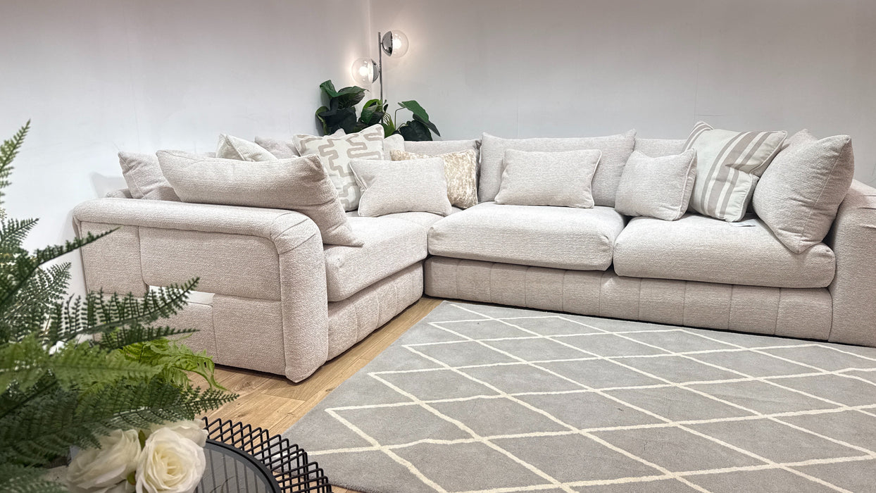 Sofology Westwood Fabric 1 Corner 3 Silver Trim in Soft Boucle Blush Mix