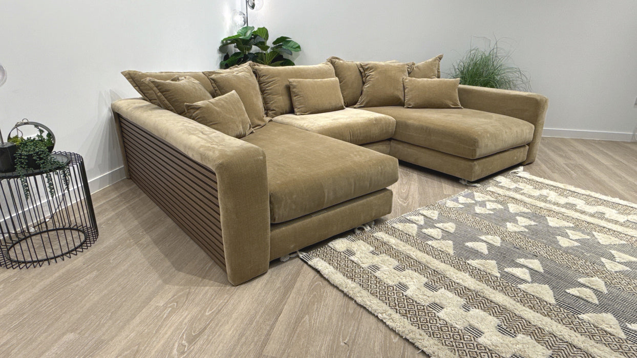Sofology Cove Fabric Grande Double Chaise Dark Wood Panel in Soft Chenille Caramel
