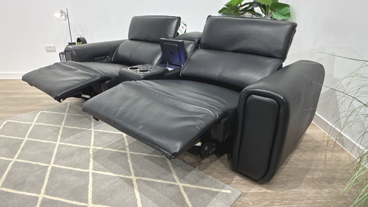Sofology Premiere Leather 2.5 Seater Smart Console Power Recliner/Headrest Heated Seats in Trusty Embossed Jet Black