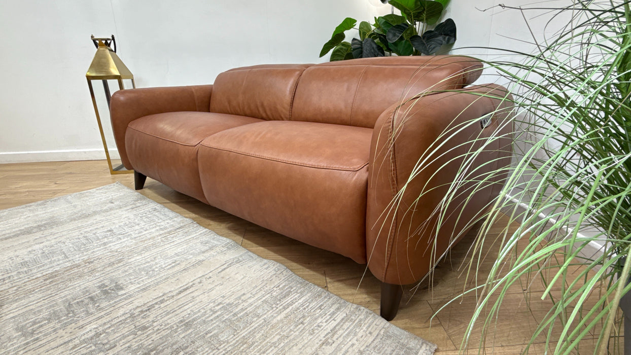 Sofology Larsen Fabric 3 Seater Asymmetrical Power Recliner/Headrest in Relaxed Soft Leather Tan