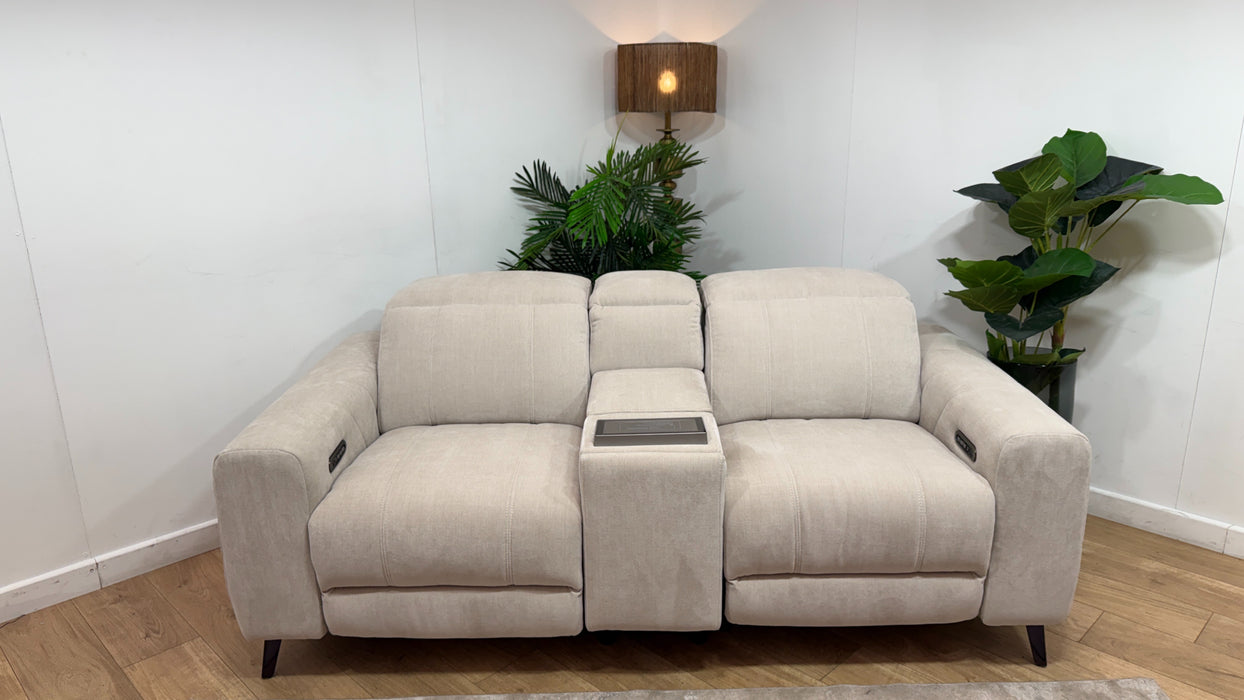 Sofology Allure Fabric 2 Seater Screen Console Power Recliner/Headrest Heated Seats Lumbar Support Speakers in Relaxed Chenille Cotton
