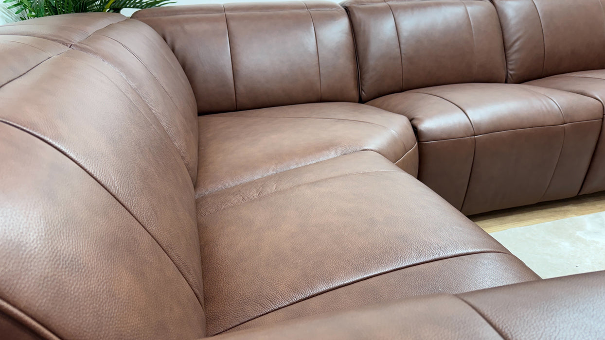 Sofology Lumiere Leather 1.5 Corner 3 Power Recliner/Headrest Gold Trim in Trusty Embossed Chestnut
