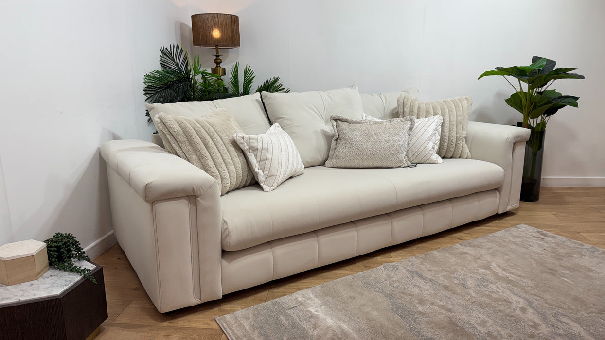 Sofology Oscar Fabric 4 Seater Distressed Walnut Trim in Super Matt Velvet Ecru Mix