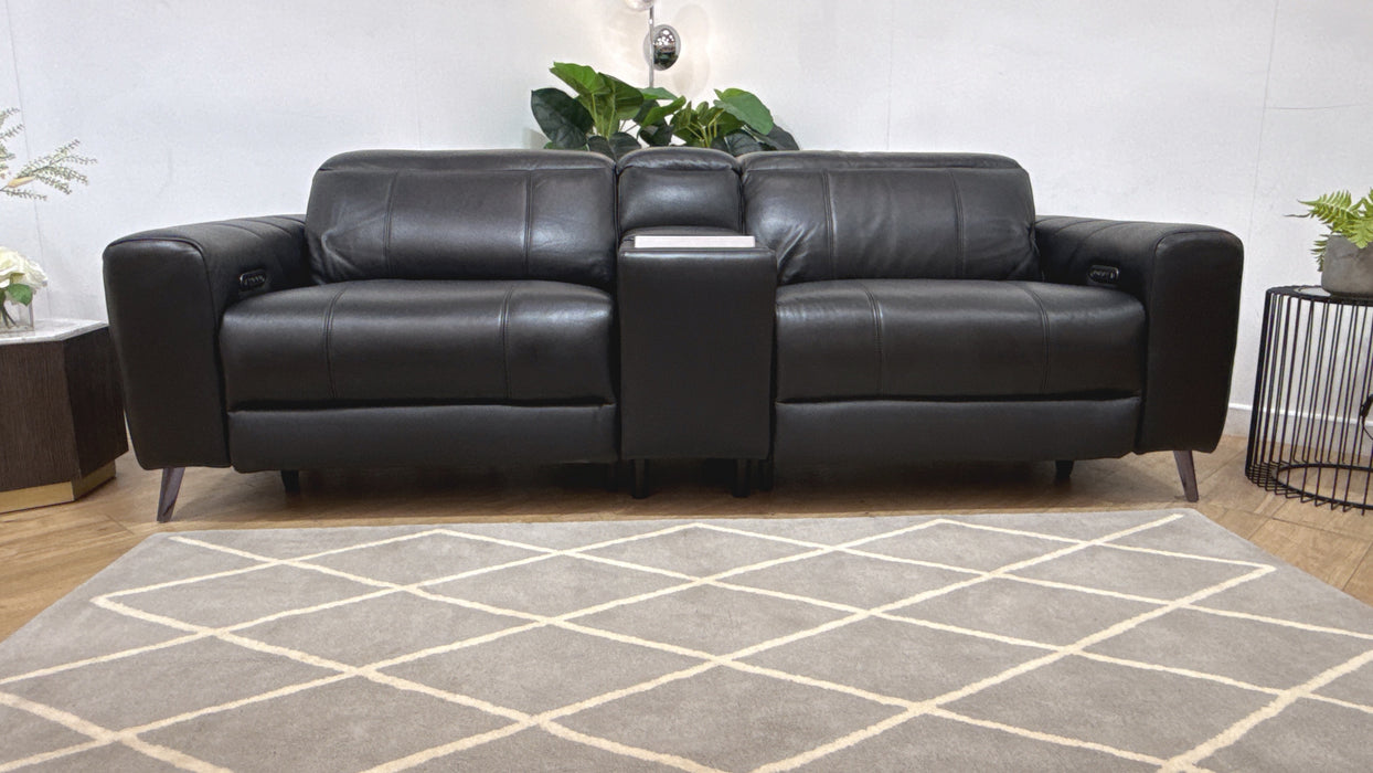 Sofology Allure Leather 2.5 Seater Screen Console Power Recliner/Headrest Heated Seats Lumbar Speakers in Trusty Embossed Jet Black