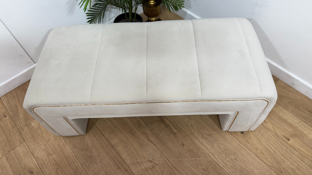 Sofology Oscar Fabric Small Bench Footstool Gold Trim in Super Matt Velvet Ecru