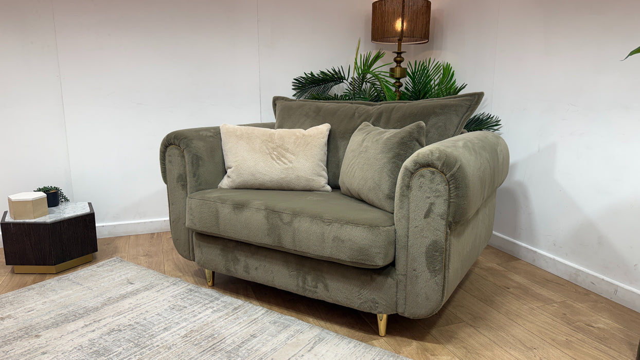 Sofology Chamonix Loveseat in Sample Soft Short Pile Faux Fur Sage Mix