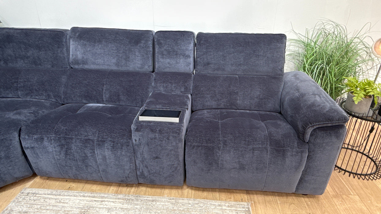 Sofology 3 Console Corner 3 Power Recliner/Headrest Heated Seats Lumbar Support in Montreal Denim