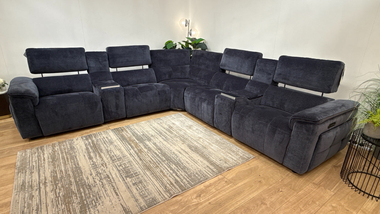 Sofology 3 Console Corner 3 Power Recliner/Headrest Heated Seats Lumbar Support in Montreal Denim
