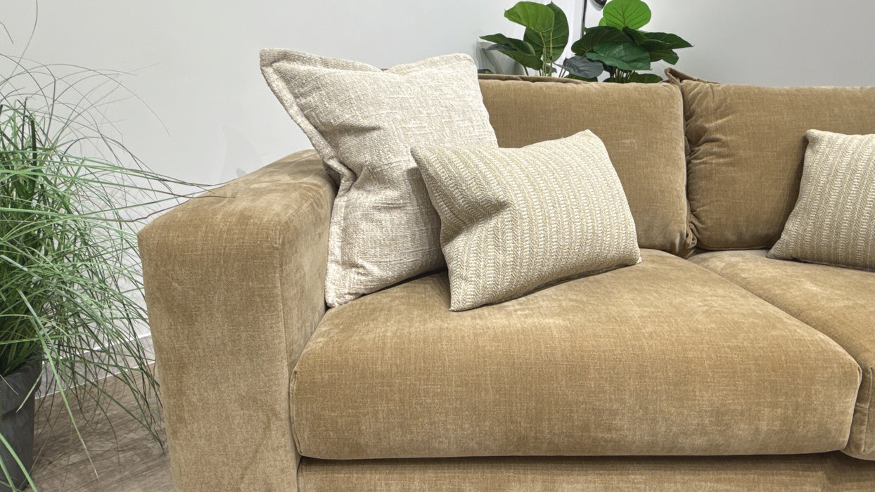 Sofology Cove Fabric 3 Seater Dark Wood Panel in Soft Chenille Caramel Mix