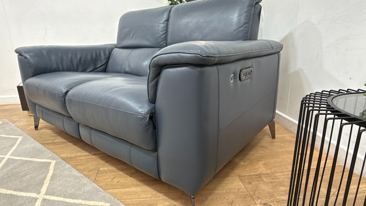 Sofology Illinois Leather 2 Seater Power Recliner/Headrest Heated Seats in Trusty Soft Sheen Smoke Blue