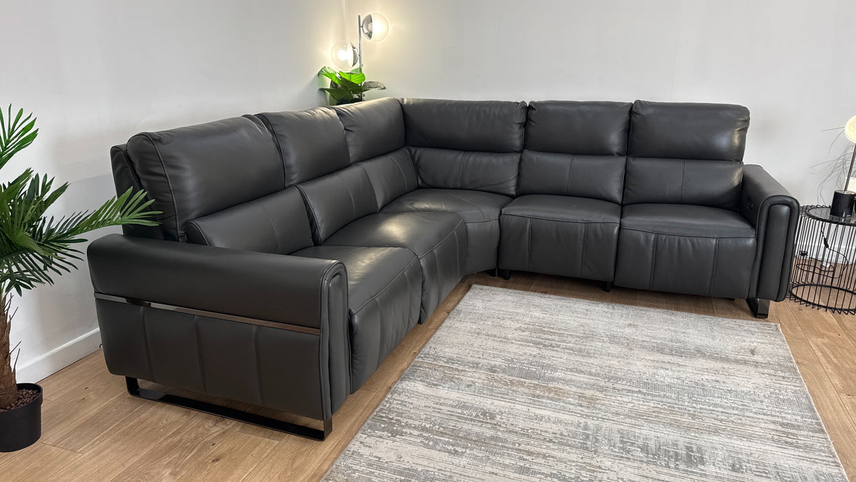 Sofology The Ravello Leather 1 Corner 2 Power Recliner/Headrest Lumbar + Armless Unit Power Recliner Support in Trusty Embossed Charcoal