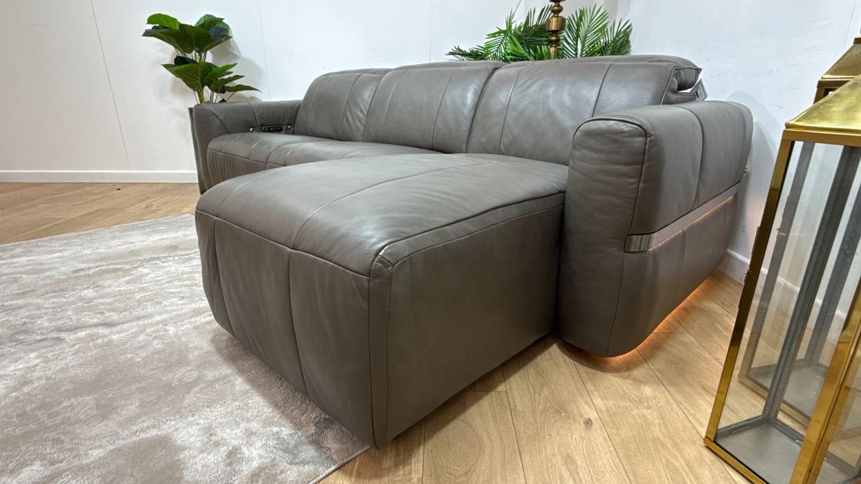 Sofology Lumiere Leather 4 Seater Chaise Power Recliner/Headrest Heated Seats Gunmetal Trim in Trusty Embossed Grey